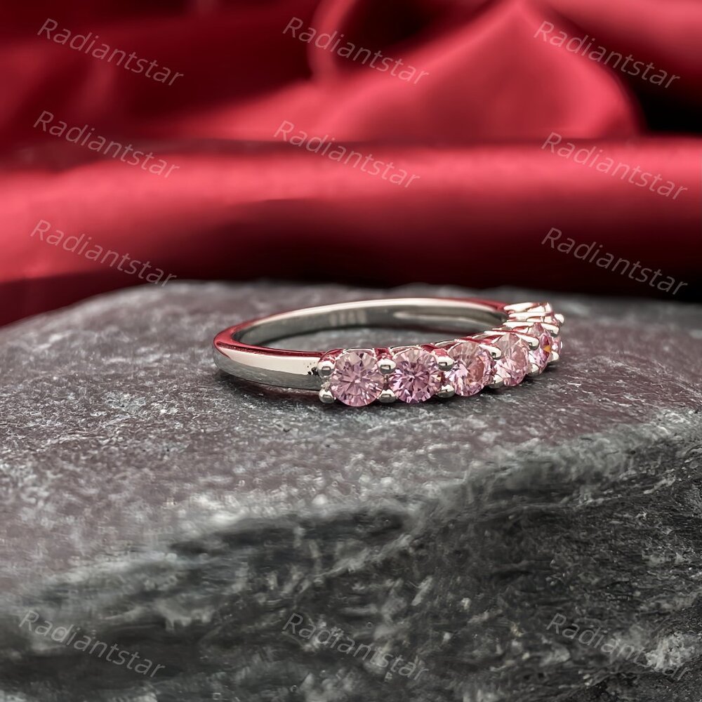 NEW Certified 3mm Pink Moissanite 7 Stone Half Eternity Band Ring - Picture 6 of 11